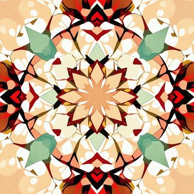 The primary subject of the image is a colorful, intricate flower pattern. The setting is a patterned background, which adds to the visual style. The image is a digital art or illustration, showcasing a vibrant and lively atmosphere. The dominant colors include red, green, and yellow, creating a warm and inviting mood.